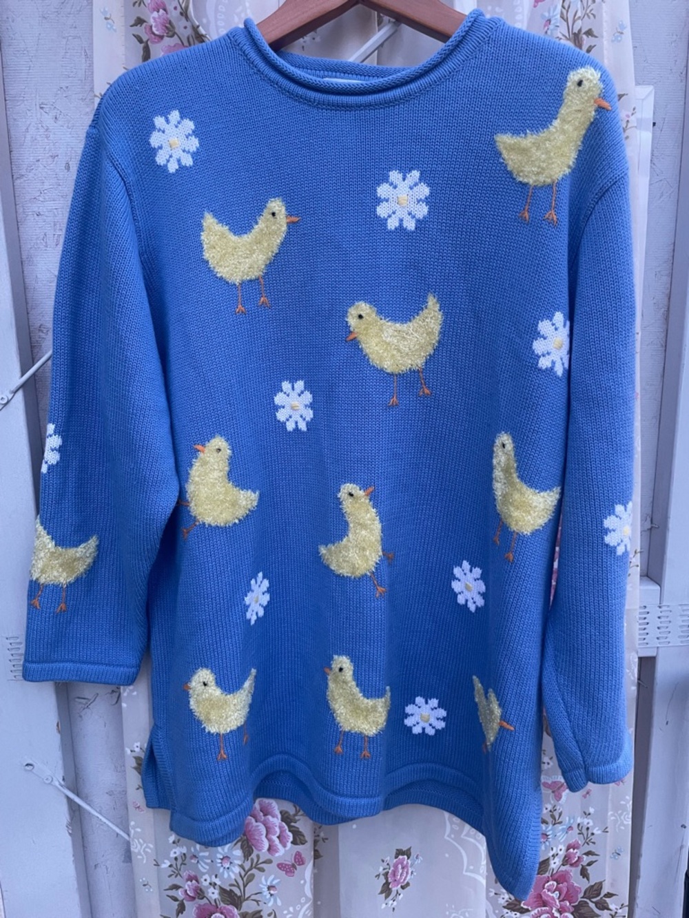 Quacker Factory Blue Crewneck Sweater with Yellow Chick Motif